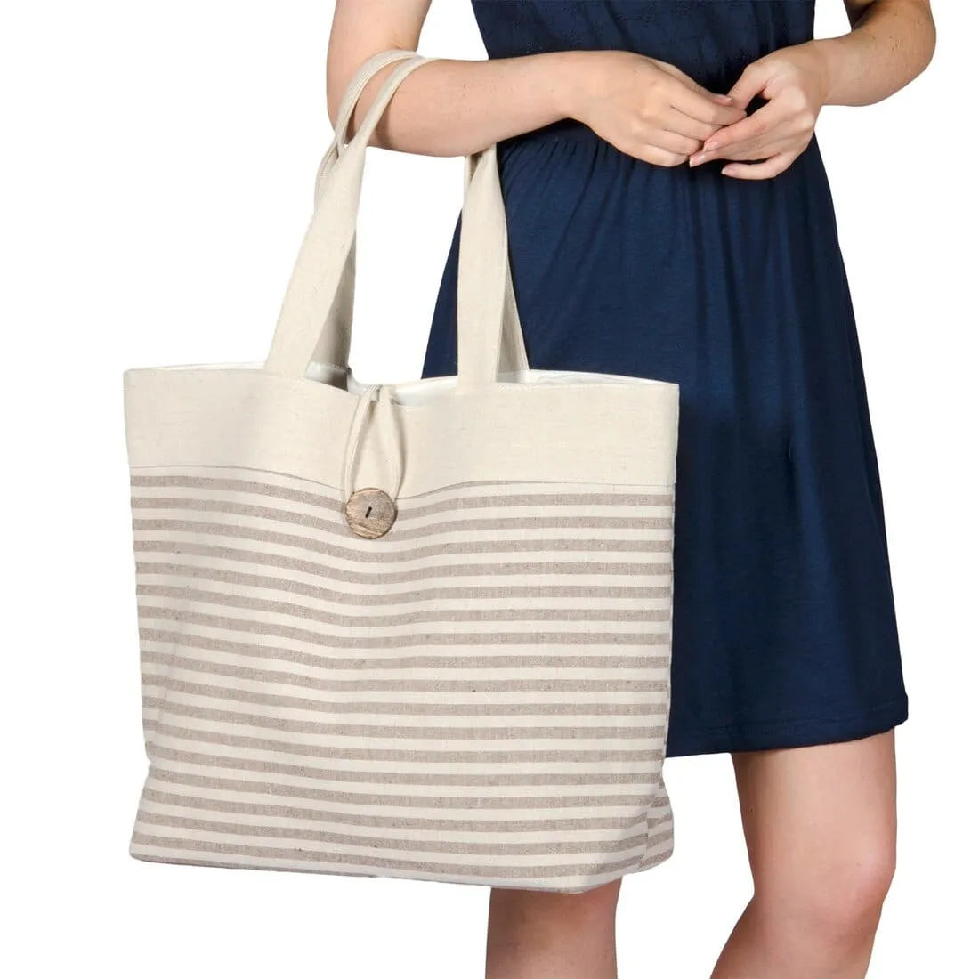 Womens Narrow Stripes Canvas Beach Shoulder Bag Tote