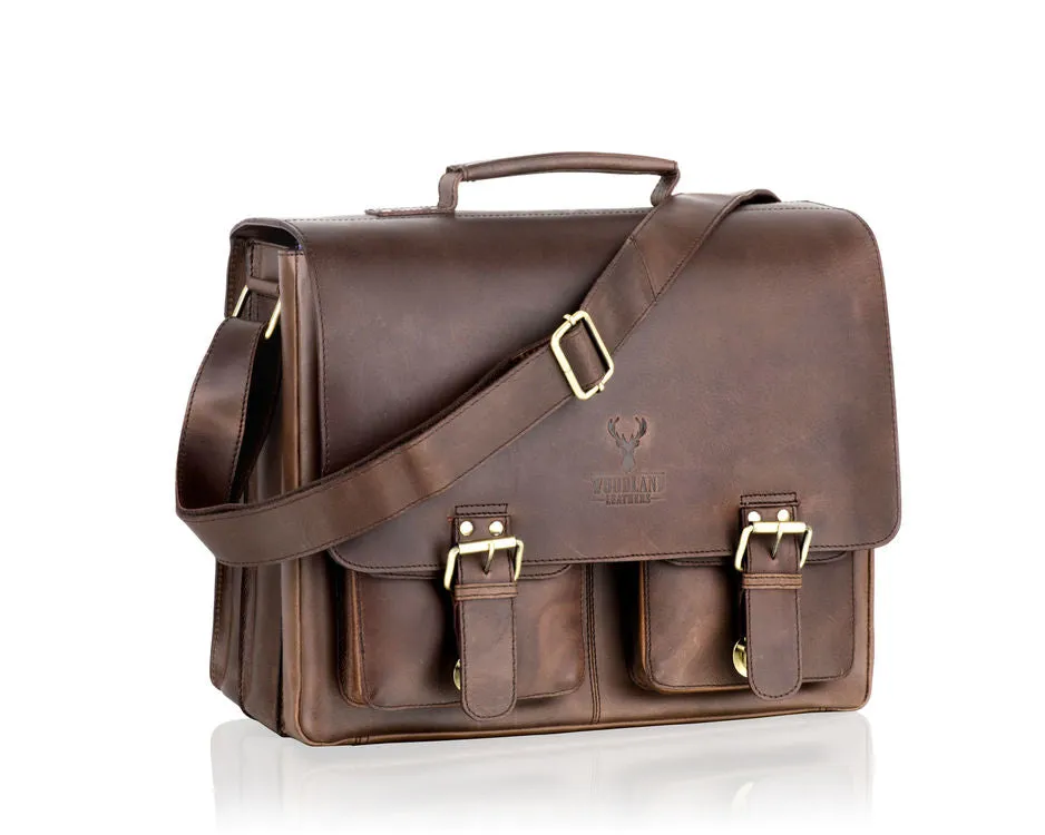 Woodland Leathers Brown Leather Double Pocket Briefcase