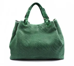 Woven Braided Pattern Green Leather Large Handbag Handmade In Italy