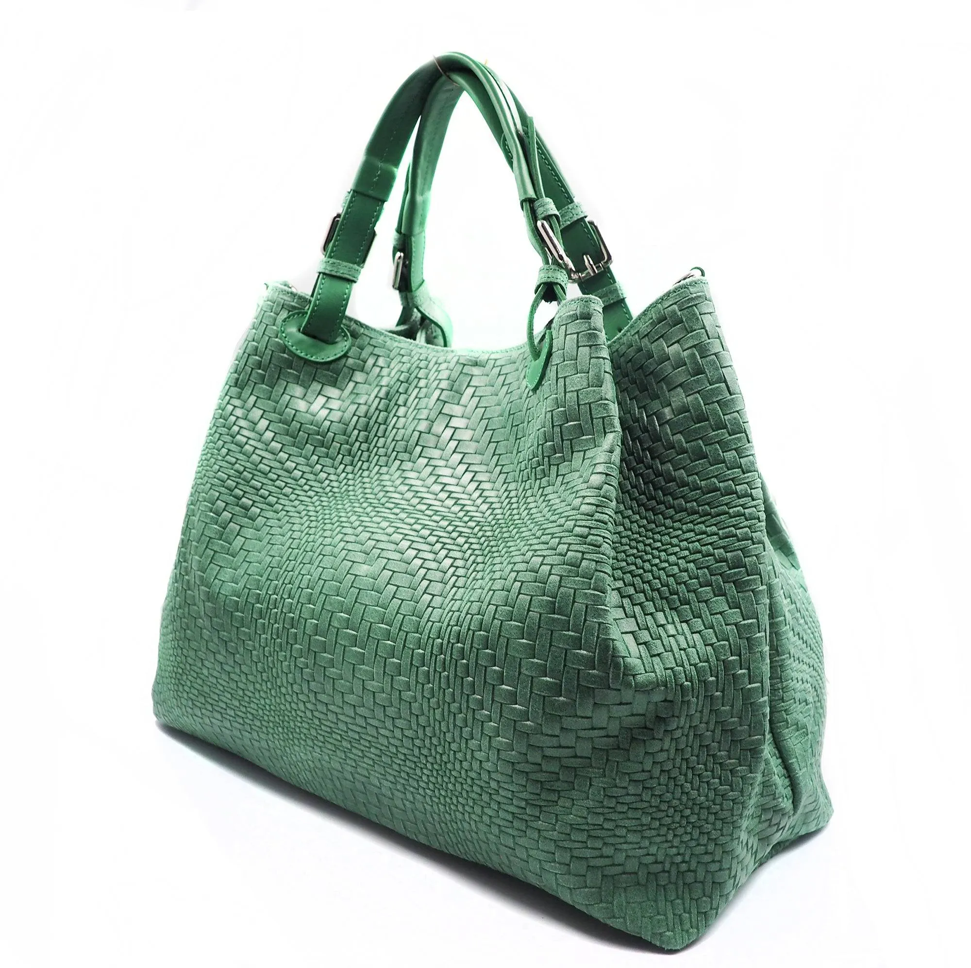 Woven Braided Pattern Green Leather Large Handbag Handmade In Italy