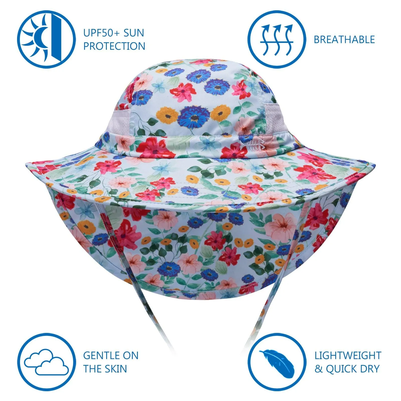 Youth UPF 50  Sun Hat with Wide Brim Neck Flap Mesh Vent